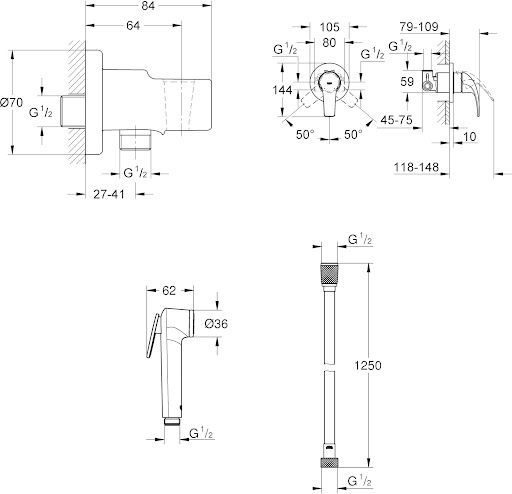 Гигиенический душ со смесителем Grohe BauCurve, хром, 124899