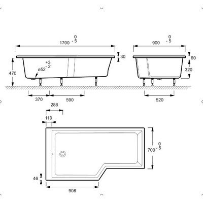 Ванна акриловая Jacob Delafon BAIN-DOUCHE NEO 170*90/70 см, E6D002L-00