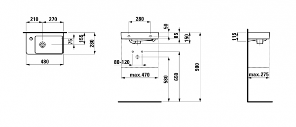 PRO S мини-раковина асимметричная, 480x280mm 1 отв. для смесителя справа цвет белый 8.1595.4.000.104
