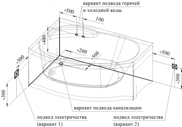 Гидромассажная ванна Wachter Монти (правосторонняя), фронтальная панель, каркас, слив-перелив, систе
