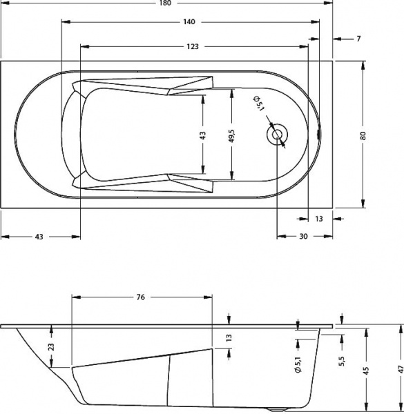 Ванна акриловая Riho LAZY 180x80, BC4100500000000