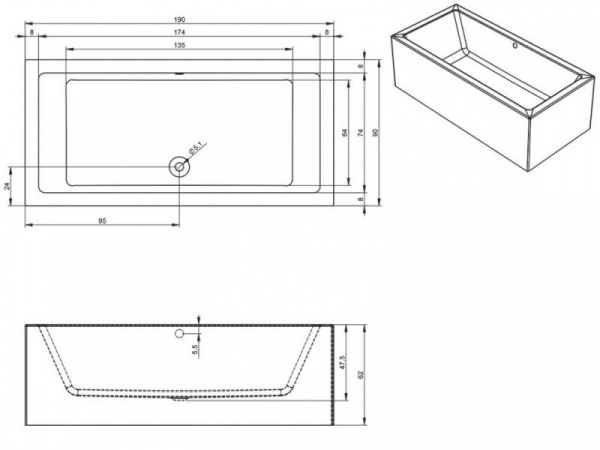 Ванна акриловая Riho LUGO RIGHT - PLUG & PLAY 190x90, BD6900500000000