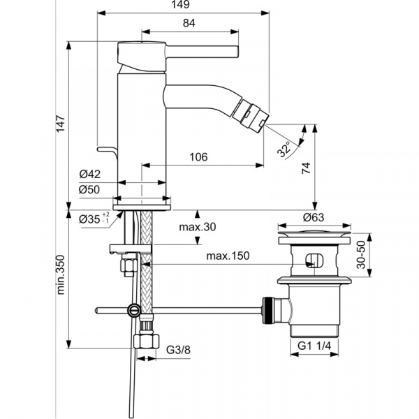 Однорукоятковый смеситель для биде Ideal Standard CERALINE, картридж 28 мм FirmaFlow с функцией HWTC
