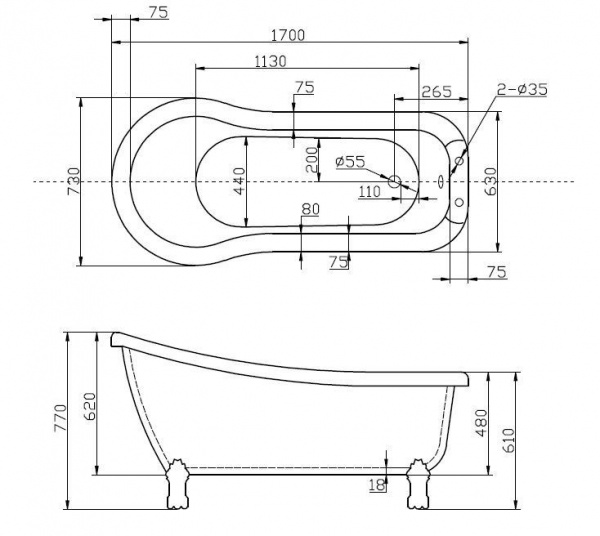 Ванна акриловая BelBagno 170*73 см, белая, BB20-1700